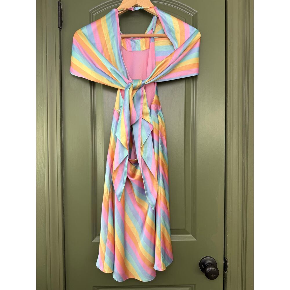 NWT Saylor Appolonia Rainbow Bias Satin Stripe Halter Resort Midi Dress Small - Picture 3 of 5